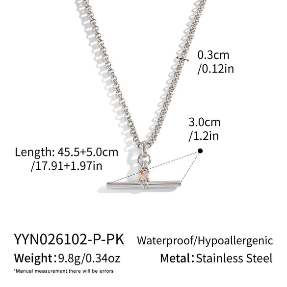 Women's Tshaped Zircon Pendant Necklace In Goldplated Stainless Steel With Geometric Design And Adjustable Extension Chain