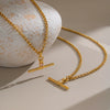 Women's Tshaped Zircon Pendant Necklace In Goldplated Stainless Steel With Geometric Design And Adjustable Extension Chain