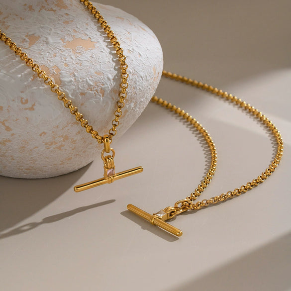 Women's Tshaped Zircon Pendant Necklace In Goldplated Stainless Steel With Geometric Design And Adjustable Extension Chain