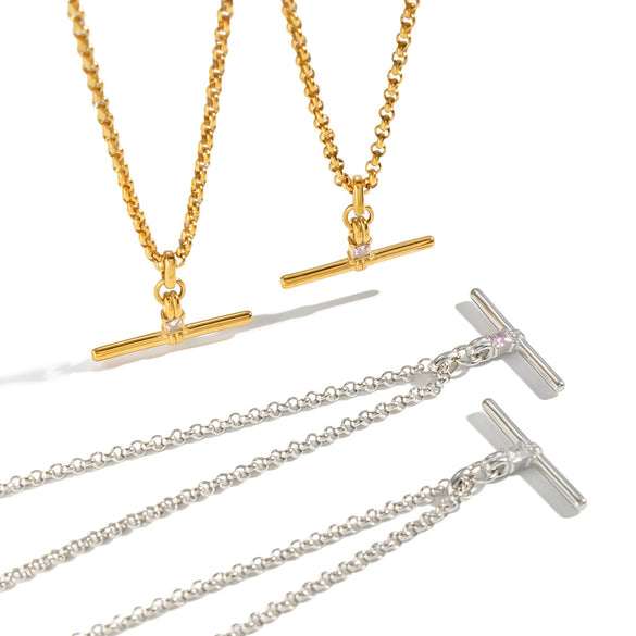 Women's Tshaped Zircon Pendant Necklace In Goldplated Stainless Steel With Geometric Design And Adjustable Extension Chain
