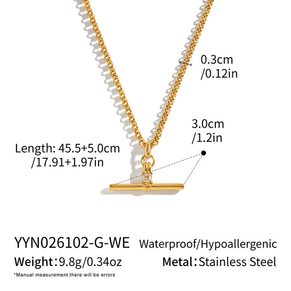 Women's Tshaped Zircon Pendant Necklace In Goldplated Stainless Steel With Geometric Design And Adjustable Extension Chain