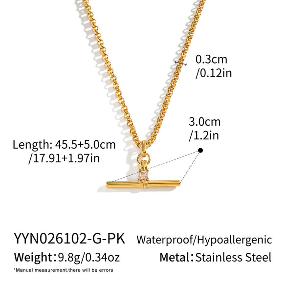 Women's Tshaped Zircon Pendant Necklace In Goldplated Stainless Steel With Geometric Design And Adjustable Extension Chain