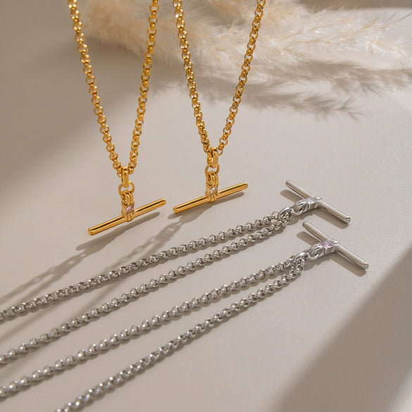 Women's Tshaped Zircon Pendant Necklace In Goldplated Stainless Steel With Geometric Design And Adjustable Extension Chain