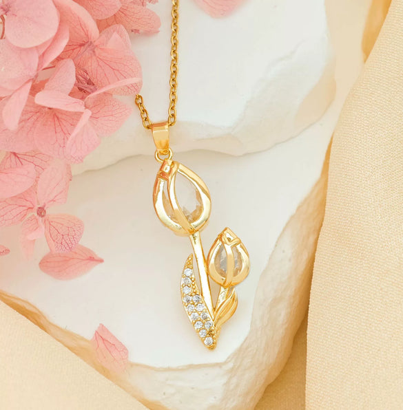 Women's Tulip Zircon Flower Necklace Titanium Steel Copper Real Gold Plated Cross Chain Sweet Style