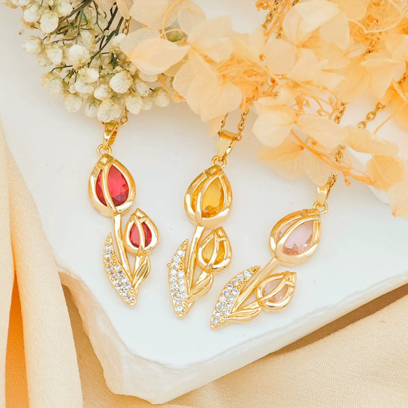 Women's Tulip Zircon Flower Necklace Titanium Steel Copper Real Gold Plated Cross Chain Sweet Style