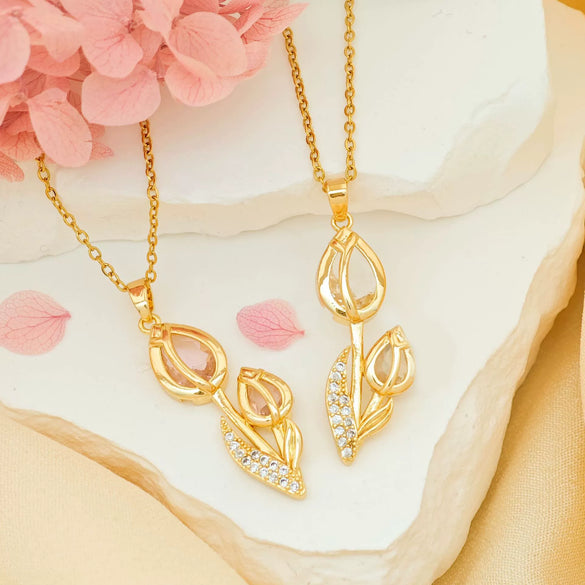 Women's Tulip Zircon Flower Necklace Titanium Steel Copper Real Gold Plated Cross Chain Sweet Style