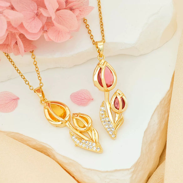 Women's Tulip Zircon Flower Necklace Titanium Steel Copper Real Gold Plated Cross Chain Sweet Style