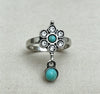 Women's Turquoise Inlaid Alloy Ring Set With Feather Details And Carved Flower Geometric Design Polished Finish