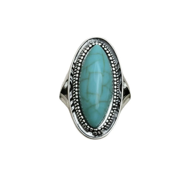 Women's Turquoise Inlaid Alloy Ring Set With Feather Details And Carved Flower Geometric Design Polished Finish