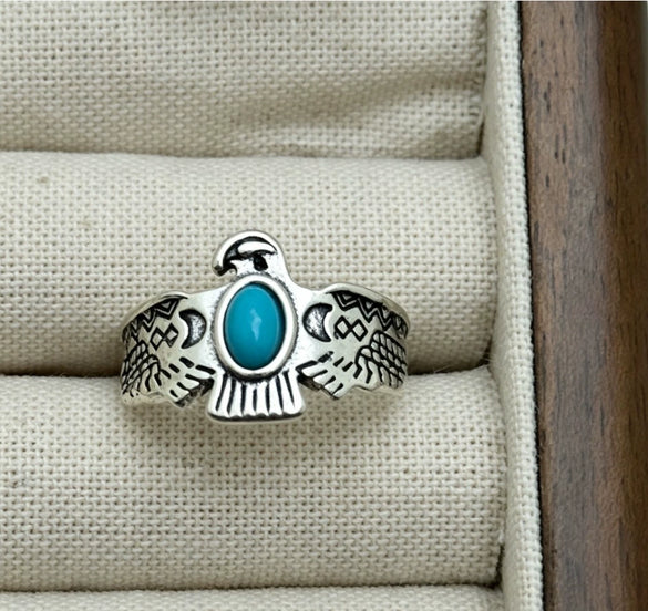 Women's Turquoise Inlaid Alloy Ring Set With Feather Details And Carved Flower Geometric Design Polished Finish