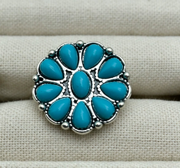 Women's Turquoise Inlaid Alloy Ring Set With Feather Details And Carved Flower Geometric Design Polished Finish
