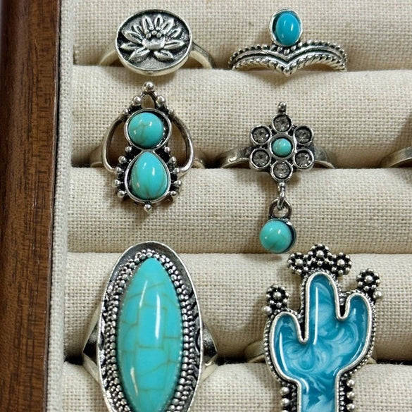 Women's Turquoise Inlaid Alloy Ring Set With Feather Details And Carved Flower Geometric Design Polished Finish