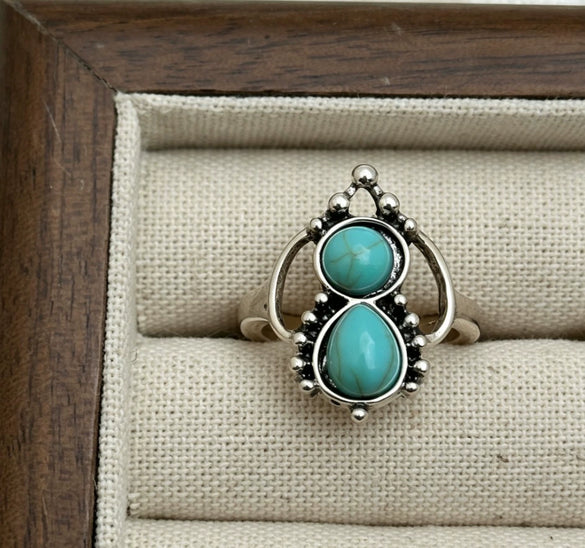 Women's Turquoise Inlaid Alloy Ring Set With Feather Details And Carved Flower Geometric Design Polished Finish
