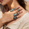 Women's Turquoise Inlaid Alloy Ring Set With Feather Details And Carved Flower Geometric Design Polished Finish
