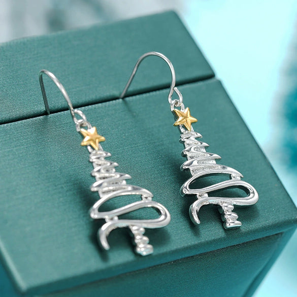 Women's Twotone Christmas Tree Line Earrings With Starshaped Design Copper Holiday Jewelry