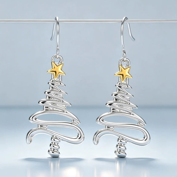 Women's Twotone Christmas Tree Line Earrings With Starshaped Design Copper Holiday Jewelry