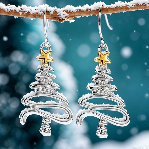 Women's Twotone Christmas Tree Line Earrings With Starshaped Design Copper Holiday Jewelry