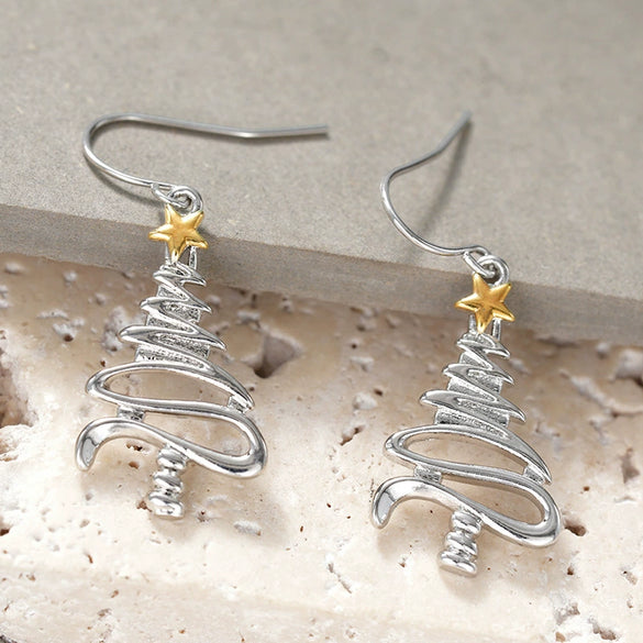Women's Twotone Christmas Tree Line Earrings With Starshaped Design Copper Holiday Jewelry