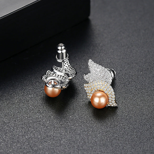 Women's Twotone Goldplated Copper Earrings With Zircon Shell Beads And Pearl Accents Geometric Fashion Jewelry Gift