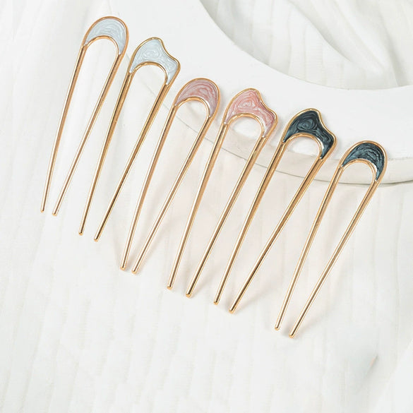 Women's U Shaped Alloy Hair Fork Electroplated Metal Hairpin With Shell And Ball Detail Street Style Hair Clasp