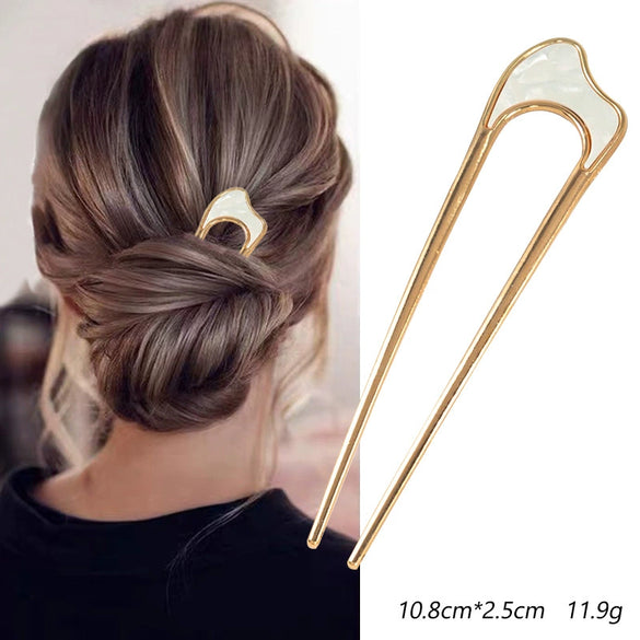 Women's U Shaped Alloy Hair Fork Electroplated Metal Hairpin With Shell And Ball Detail Street Style Hair Clasp