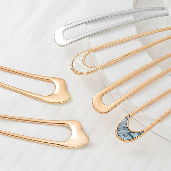 Women's U Shaped Alloy Hair Fork Electroplated Metal Hairpin With Shell And Ball Detail Street Style Hair Clasp