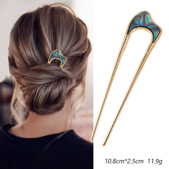 Women's U Shaped Alloy Hair Fork Electroplated Metal Hairpin With Shell And Ball Detail Street Style Hair Clasp