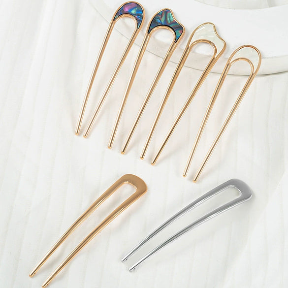 Women's U Shaped Alloy Hair Fork Electroplated Metal Hairpin With Shell And Ball Detail Street Style Hair Clasp