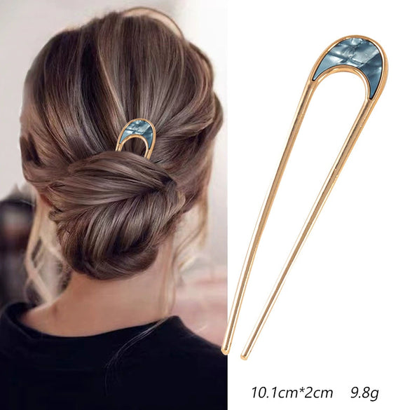 Women's U Shaped Alloy Hair Fork Electroplated Metal Hairpin With Shell And Ball Detail Street Style Hair Clasp