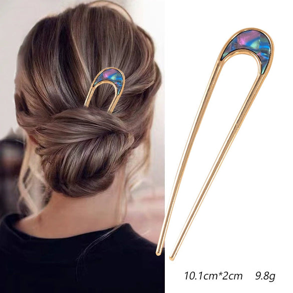 Women's U Shaped Alloy Hair Fork Electroplated Metal Hairpin With Shell And Ball Detail Street Style Hair Clasp