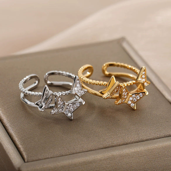 Women's Unisex Zodiac Snake Geometric Copper Ring With Gold Inlaid Zircon And Butterfly Design