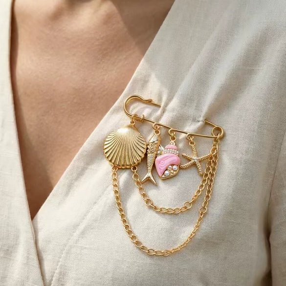 Women’s Vacation Style Brooch With Pink Shell Fish And Starfish Motif Multilayer Metal Chain Tassel Zinc Alloy Electroplated