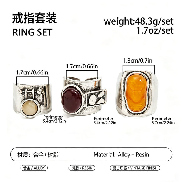 Women's Vintage Alloy Ring Set With Inlaid Resin Gemstones Geometric Wide Bands Distressed Style And Plated Finish