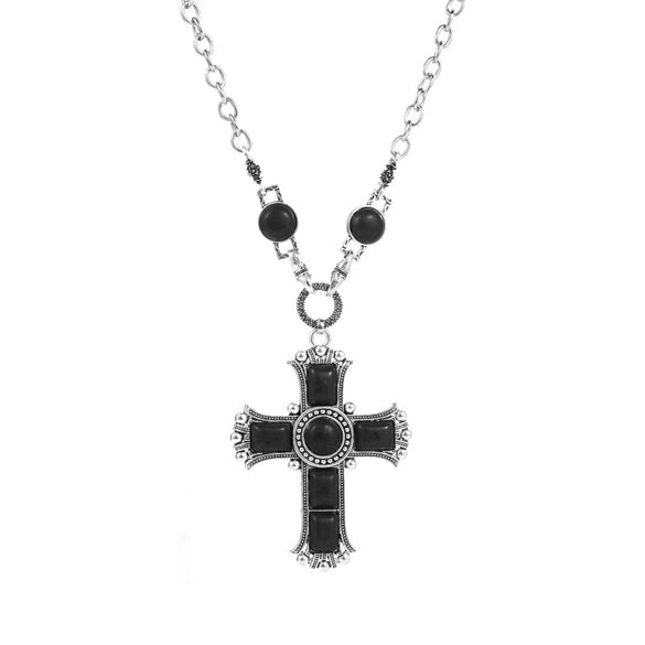 Women's Vintage Alloy Sweater Chain Necklace With Cross Pendant Set With Turquoise And Rhinestones And Geometric Design