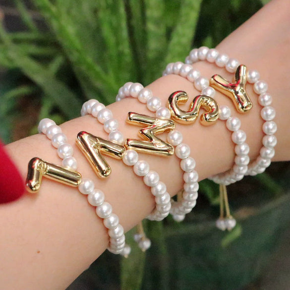 Women's Vintage Balloon Initial Letter Bracelet Gold Plated Pearl Shell Beads Geometric Electroplated