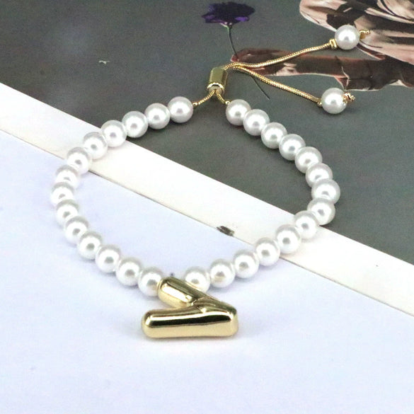 Women's Vintage Balloon Initial Letter Bracelet Gold Plated Pearl Shell Beads Geometric Electroplated