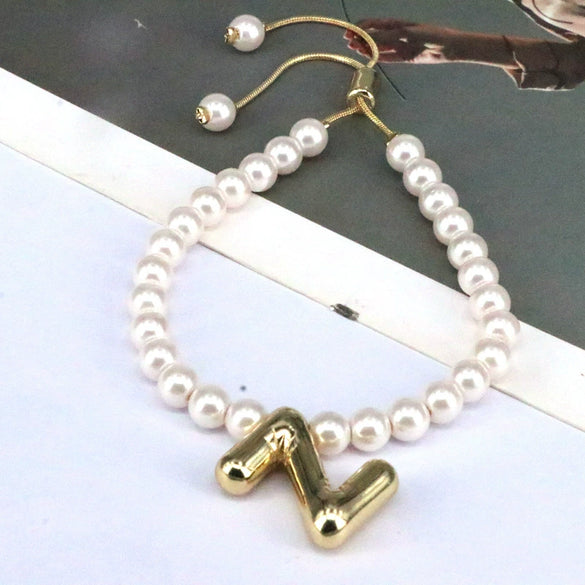 Women's Vintage Balloon Initial Letter Bracelet Gold Plated Pearl Shell Beads Geometric Electroplated