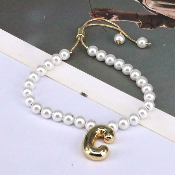 Women's Vintage Balloon Initial Letter Bracelet Gold Plated Pearl Shell Beads Geometric Electroplated