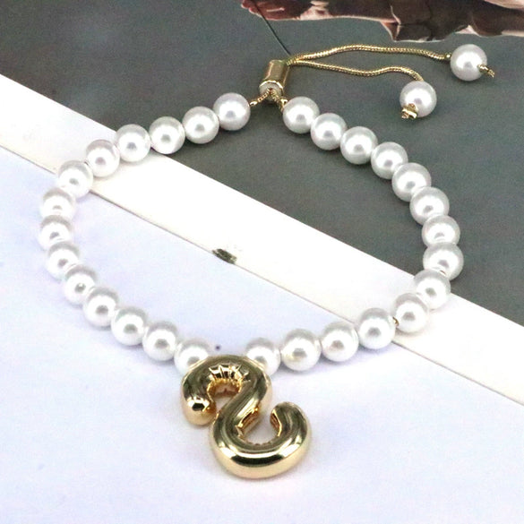 Women's Vintage Balloon Initial Letter Bracelet Gold Plated Pearl Shell Beads Geometric Electroplated