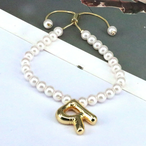 Women's Vintage Balloon Initial Letter Bracelet Gold Plated Pearl Shell Beads Geometric Electroplated