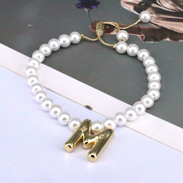 Women's Vintage Balloon Initial Letter Bracelet Gold Plated Pearl Shell Beads Geometric Electroplated