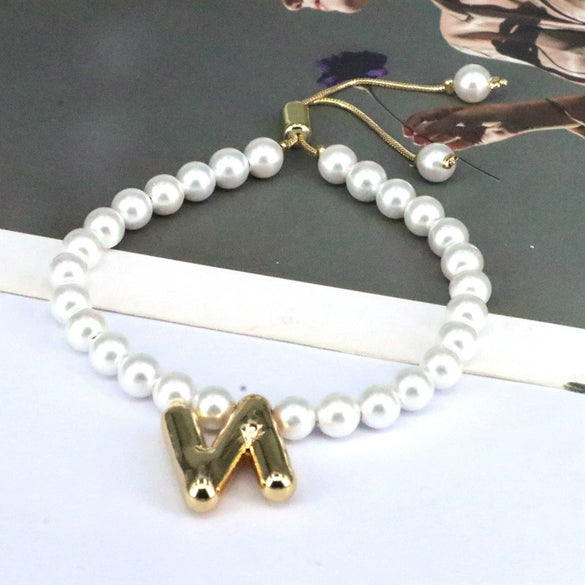 Women's Vintage Balloon Initial Letter Bracelet Gold Plated Pearl Shell Beads Geometric Electroplated