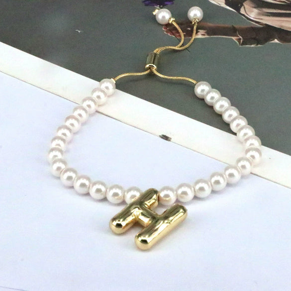 Women's Vintage Balloon Initial Letter Bracelet Gold Plated Pearl Shell Beads Geometric Electroplated