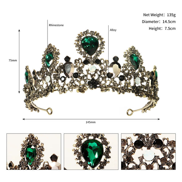 Women's Vintage Baroque Alloy Crown Tiara With Green Gemstone Accents And Exquisite Bridal Wedding Headpiece Design