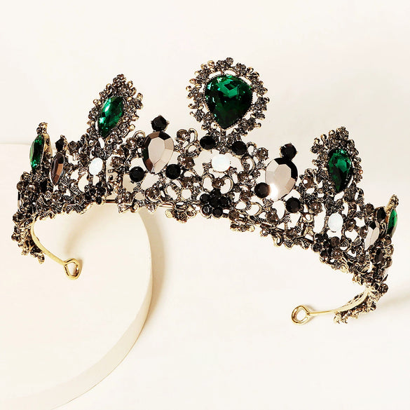 Women's Vintage Baroque Alloy Crown Tiara With Green Gemstone Accents And Exquisite Bridal Wedding Headpiece Design