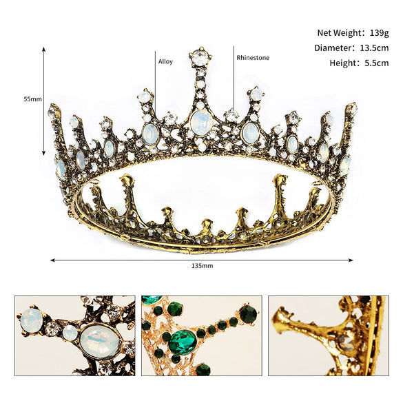 Women's Vintage Baroque Crown Headpiece Full Round Alloy Rhinestone Tiara In Gold For Bridal Weddings Banquets And Parties