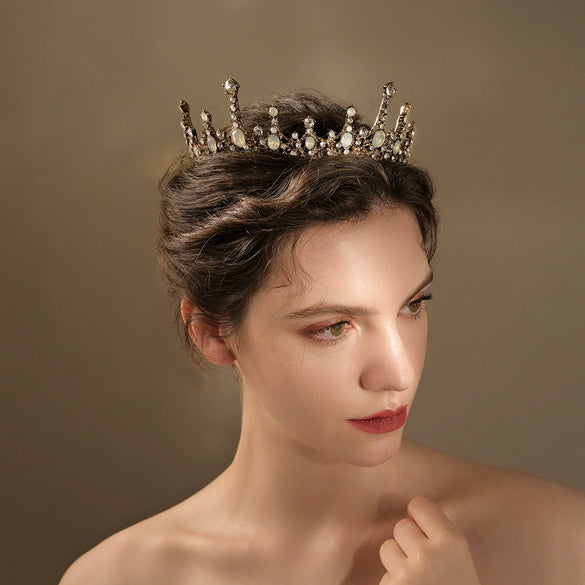 Women's Vintage Baroque Crown Headpiece Full Round Alloy Rhinestone Tiara In Gold For Bridal Weddings Banquets And Parties