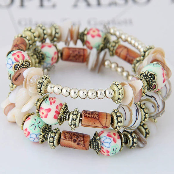 Women's Vintage Bohemian Ethnic Alloy Wooden Beaded Shell Gravel Crystal Elastic Handmade Geometric Electroplated Bracelet
