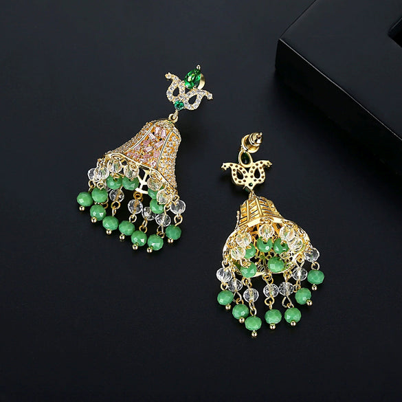 Women's Vintage Copper Crystal And Zircon Bell Drop Earrings With Geometric Tassel Design And Electroplated Finish