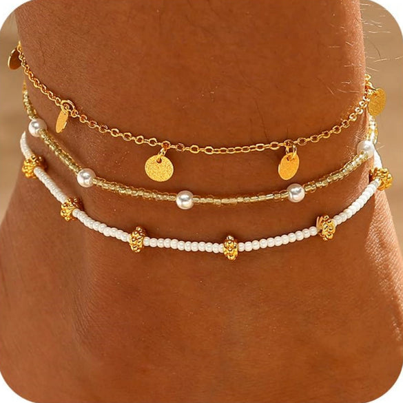 Women's Vintage Copper Multi Layer Pearl Anklet Geometric Stackable Gold Tone Foot Jewelry Casual Fashion Accessory